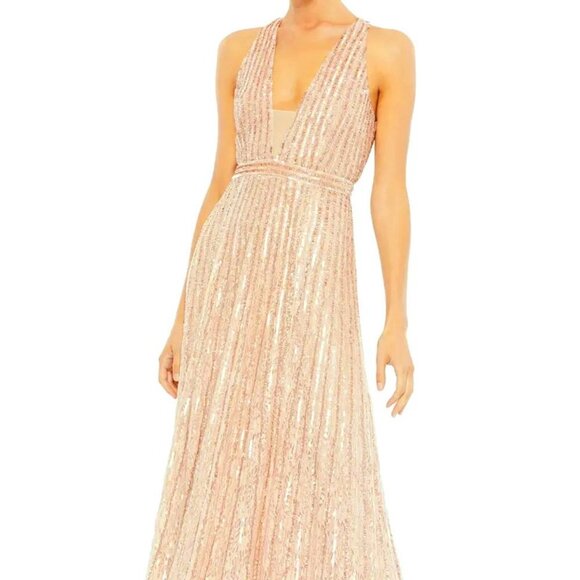 Mac Duggal Rose Gold Pink Sequin Beaded Lace A-Line Evening Gown